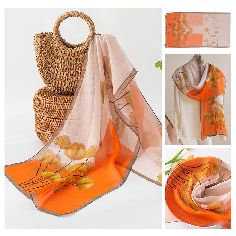 Women’s Mulberry Silk Scarf - Orange Ginkgo Leaf / 42x160cm - Scarf