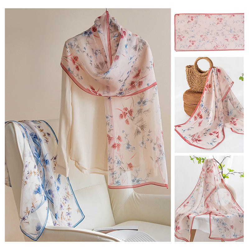 Women’s Mulberry Silk Scarf - Pink Branches And Leaves / 42x160cm - Scarf