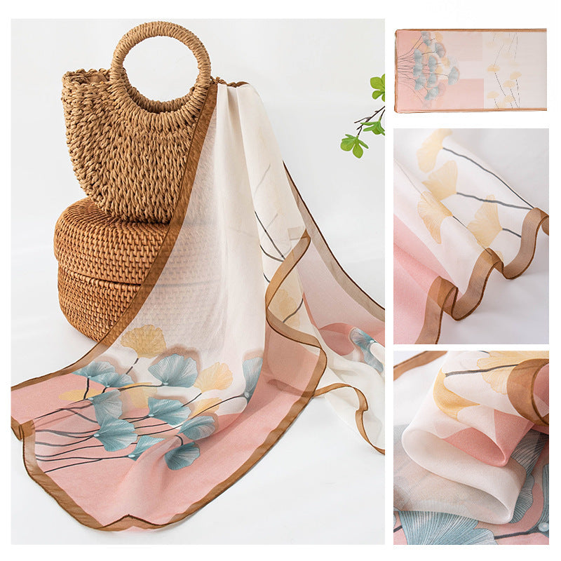 Women’s Mulberry Silk Scarf - Pink Ginkgo Leaf / 42x160cm - Scarf