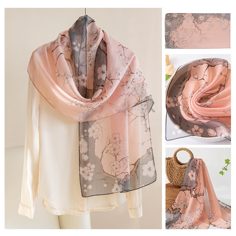Women’s Mulberry Silk Scarf - Pink Peach Blossom Branch / 42x160cm - Scarf