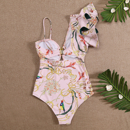 Women’s One-piece One Shoulder Ruffled Edge Swimwear Cross-border Printed Swimsuit - swimsuit