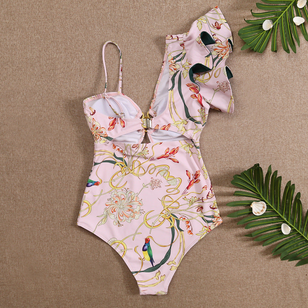 2023 New shell swimsuit female one-piece one shoulder ruffled edge cross-border foreign trade explosion print