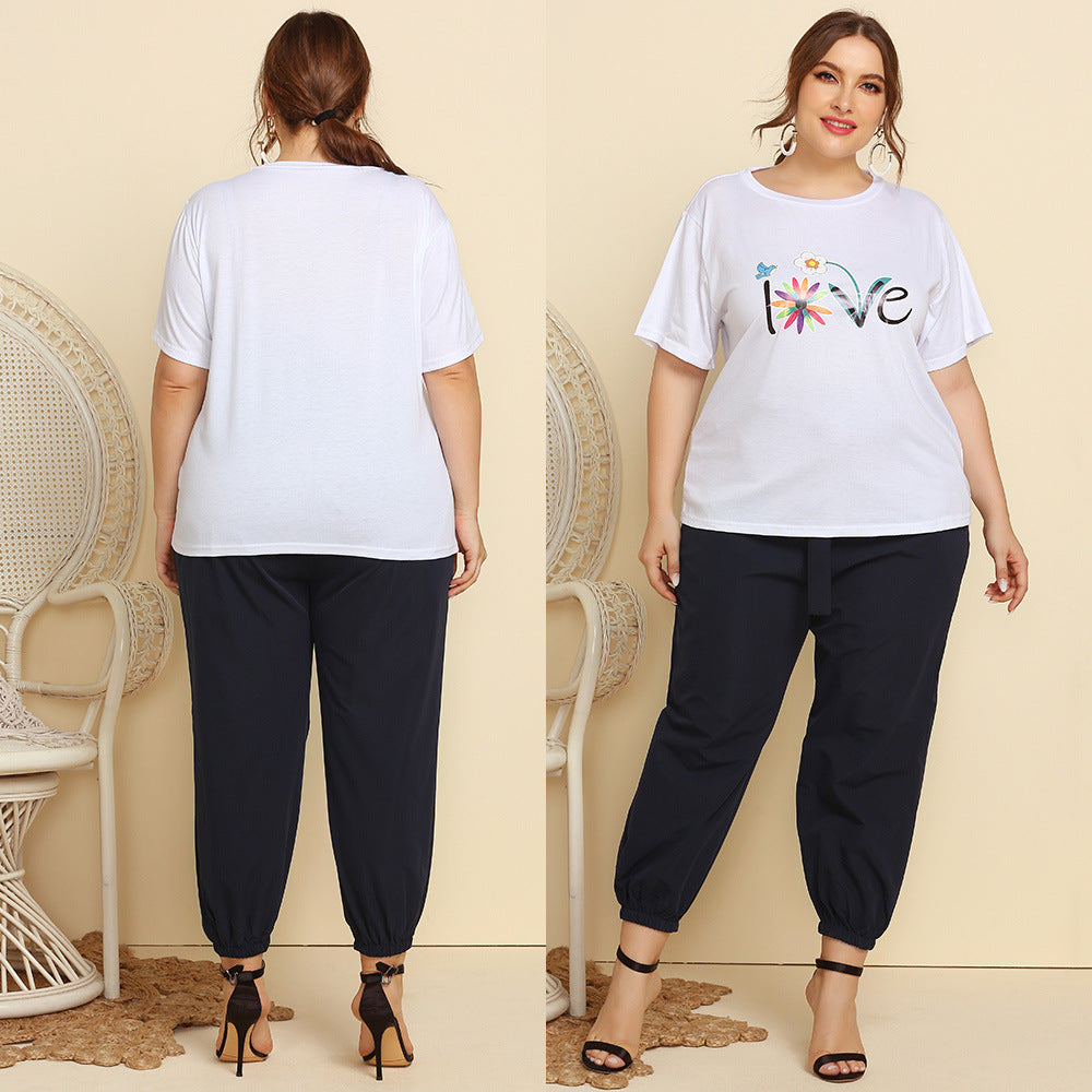 Women’s Plus Size T-shirt with Lace-up Casual Suit - 2-pieces set