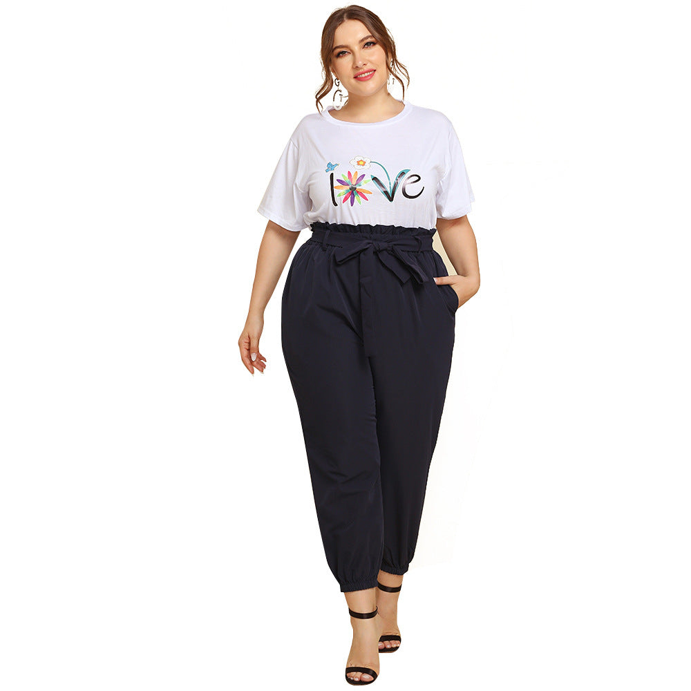 Women’s Plus Size T-shirt with Lace-up Casual Suit - 2-pieces set