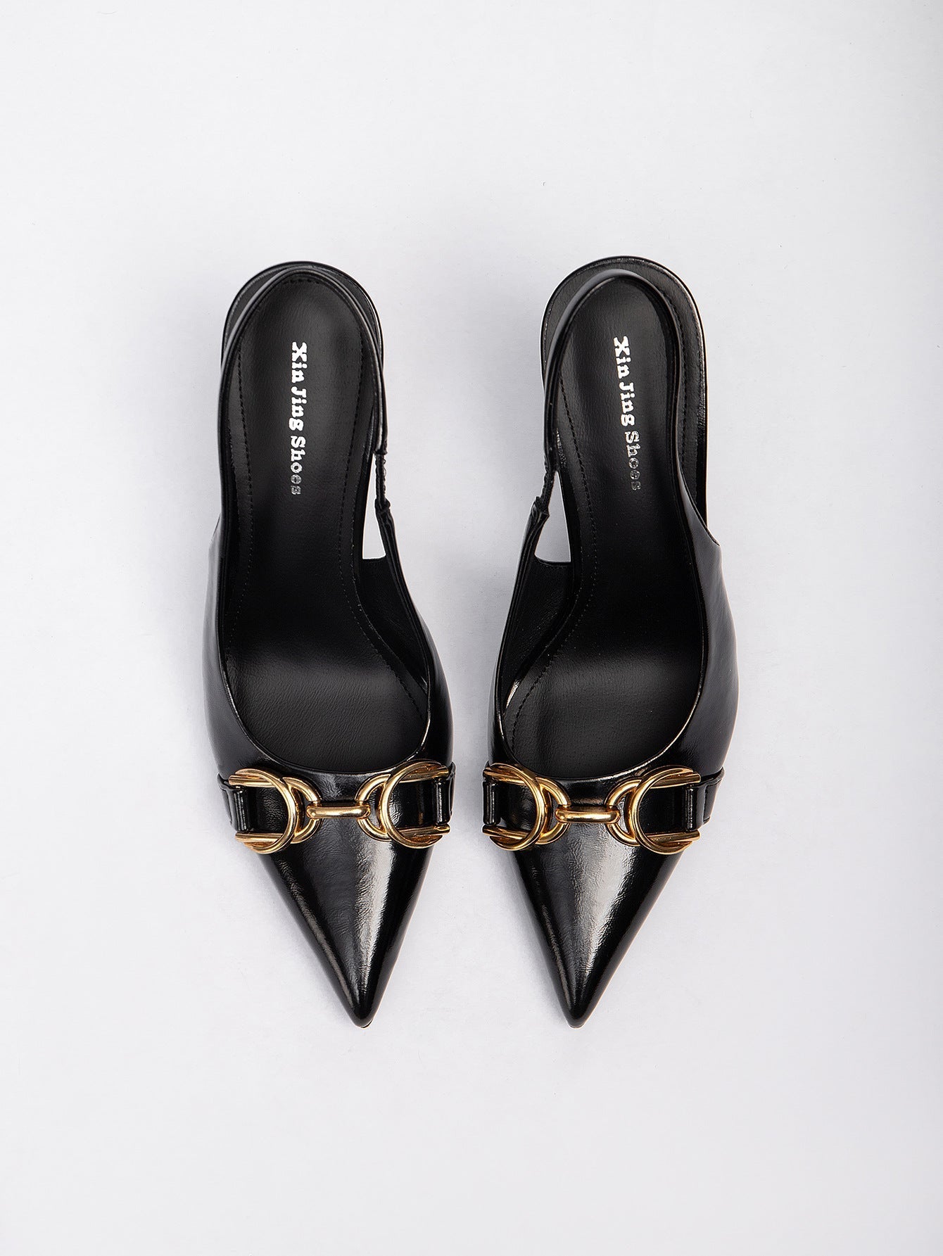 7199-5 New large-sized pointed-toe metal square le high-heeled single shoes with backheel straps for women’s