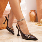 7199-5 New large-sized pointed-toe metal square le high-heeled single shoes with backheel straps for women’s