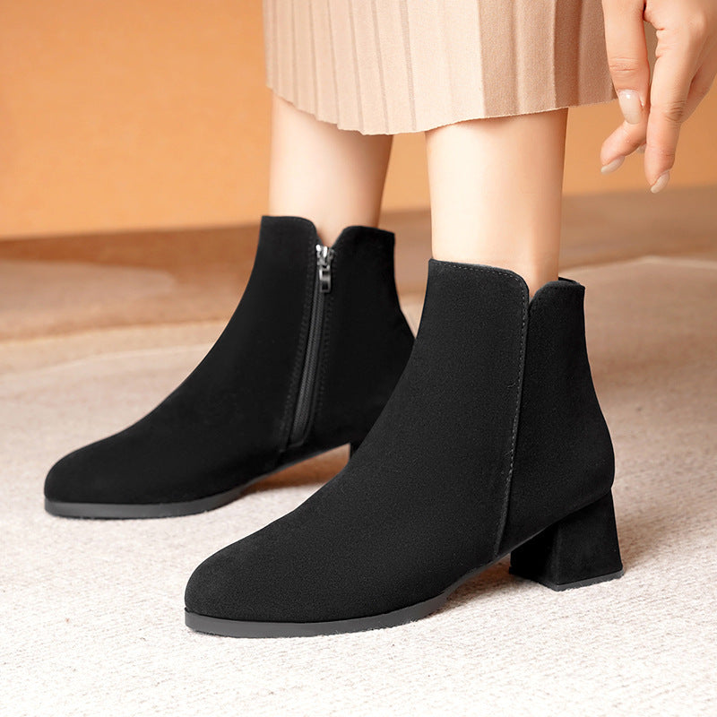 Women’s Pointed-toe Side Zipper Chunky Heel Mid Heel Plus Size Female Boots - Women’s Shoes