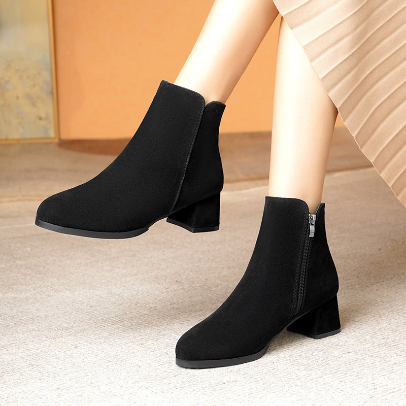 Women’s Pointed-toe Side Zipper Chunky Heel Mid Heel Plus Size Female Boots - Women’s Shoes