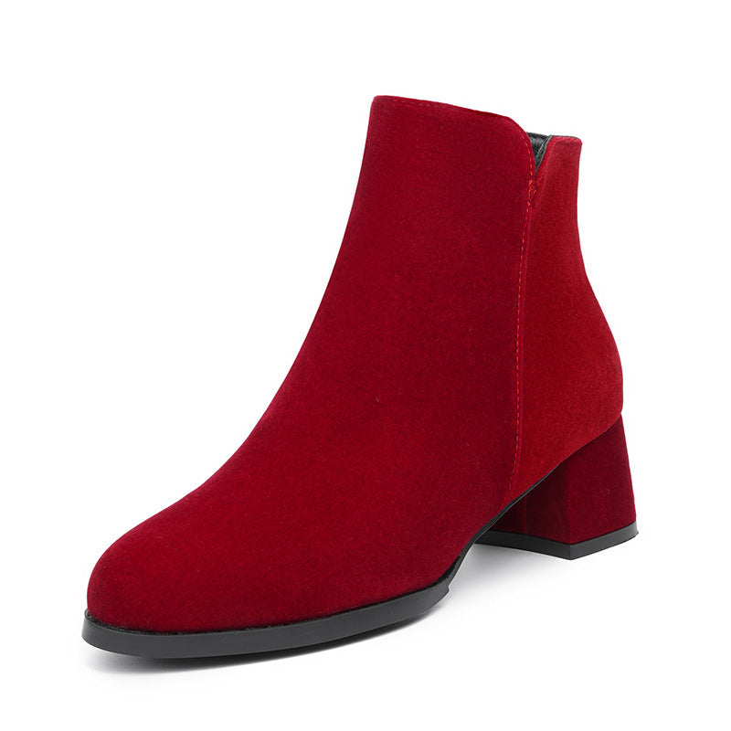 Women’s Pointed-toe Side Zipper Chunky Heel Mid Heel Plus Size Female Boots - Red / 35 - Women’s Shoes