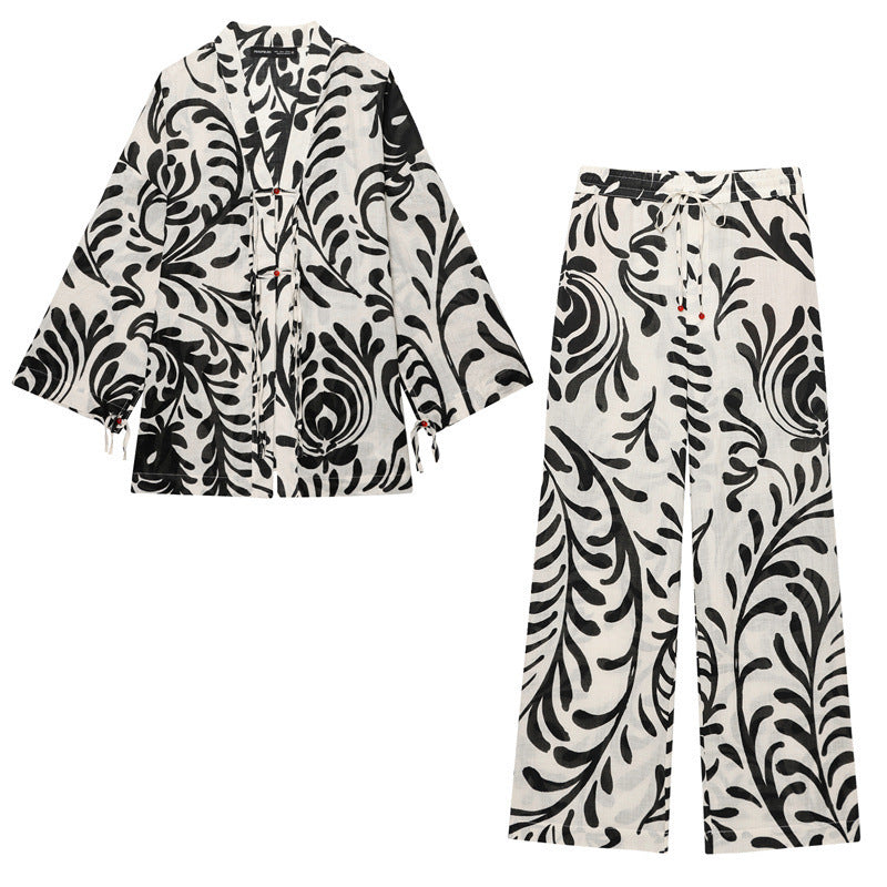 Women’s Printed Kimono Coat and Pants - Ladies’ kimono set