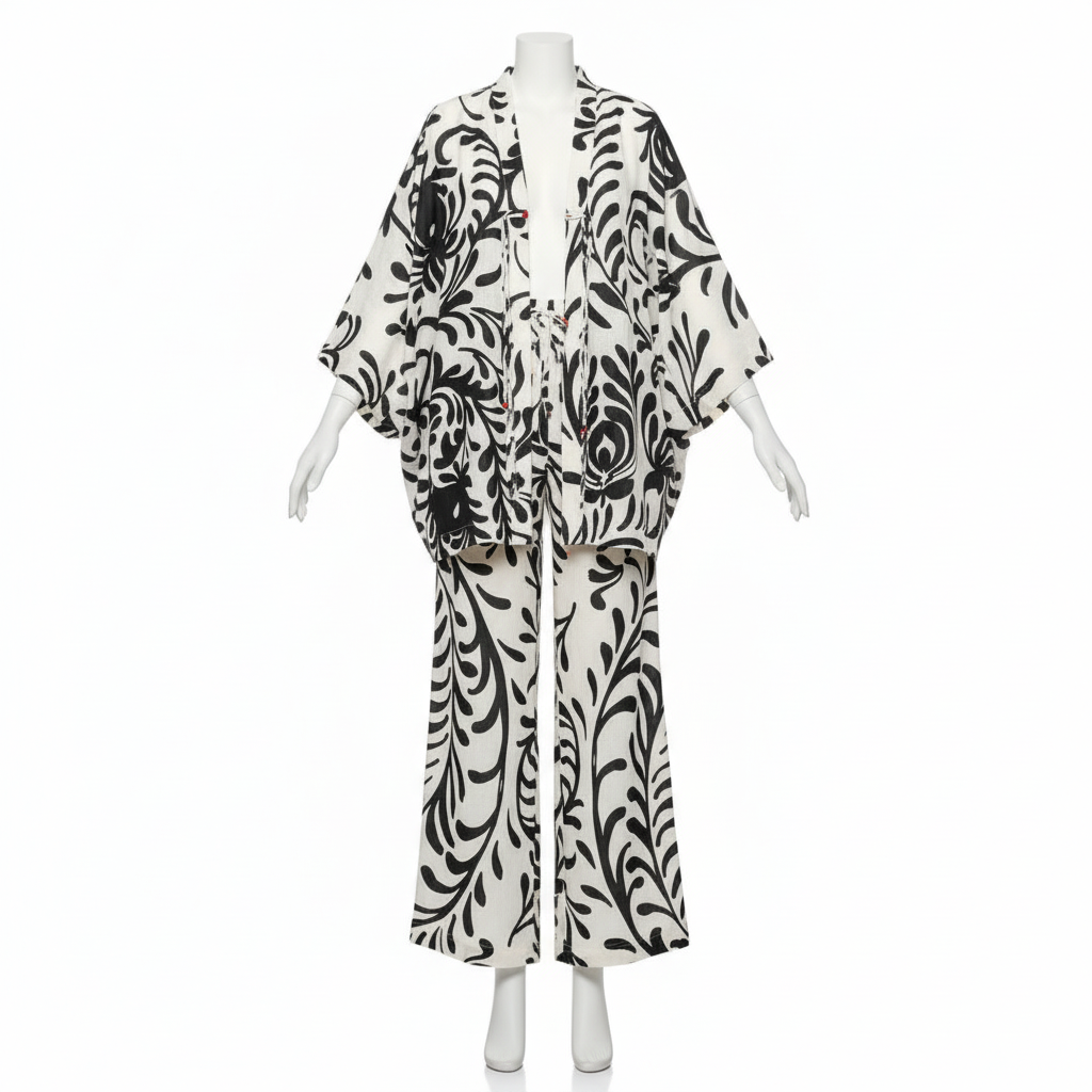 Black and white patterned outfit on a mannequin against a white background