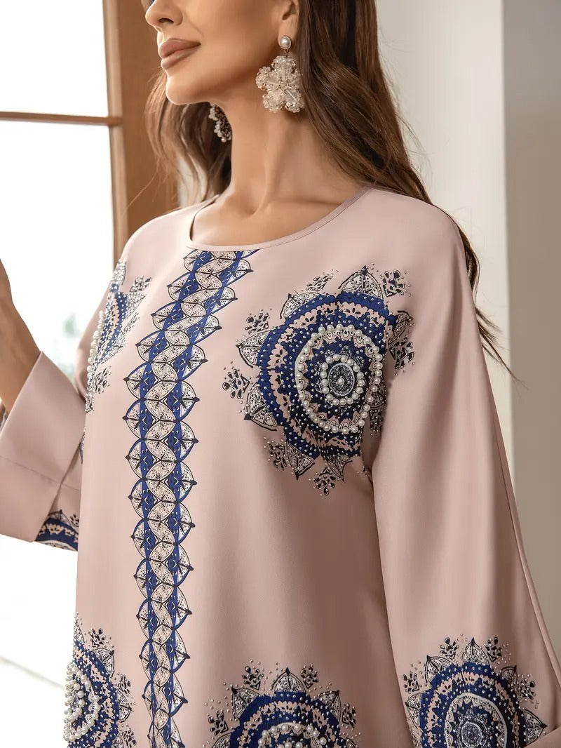 Women’s Round Neck Printed Robe - Abaya dress