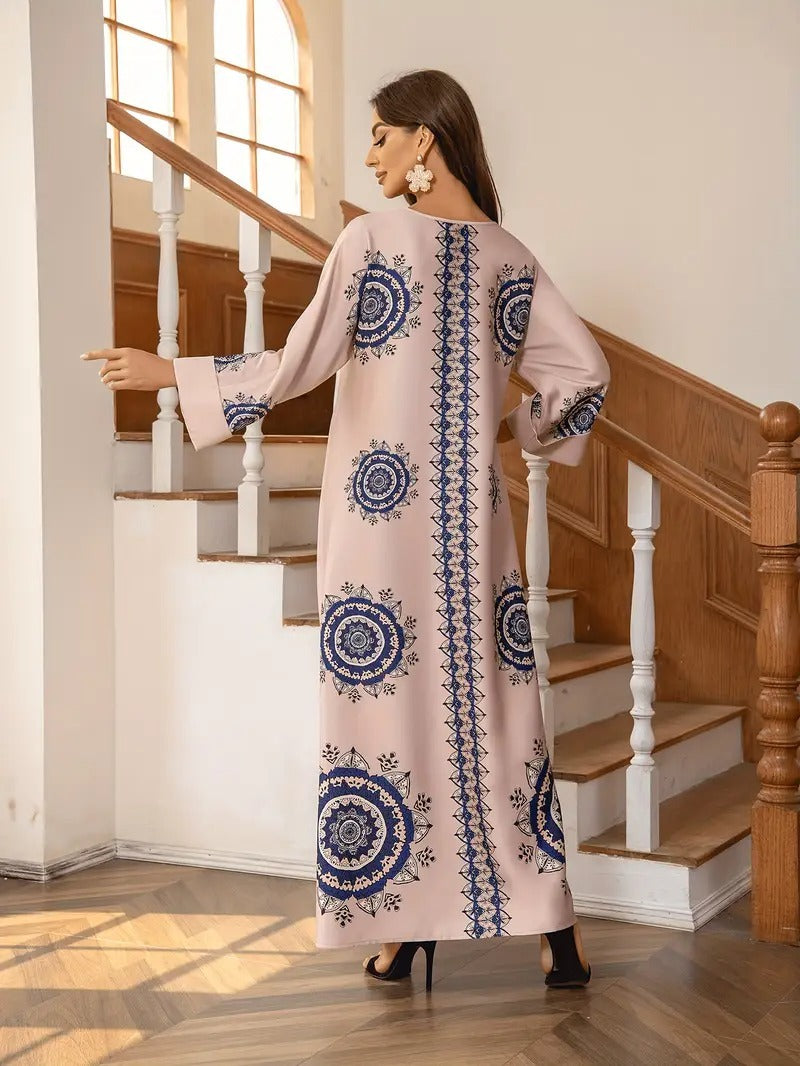 Women’s Round Neck Printed Robe - Abaya dress