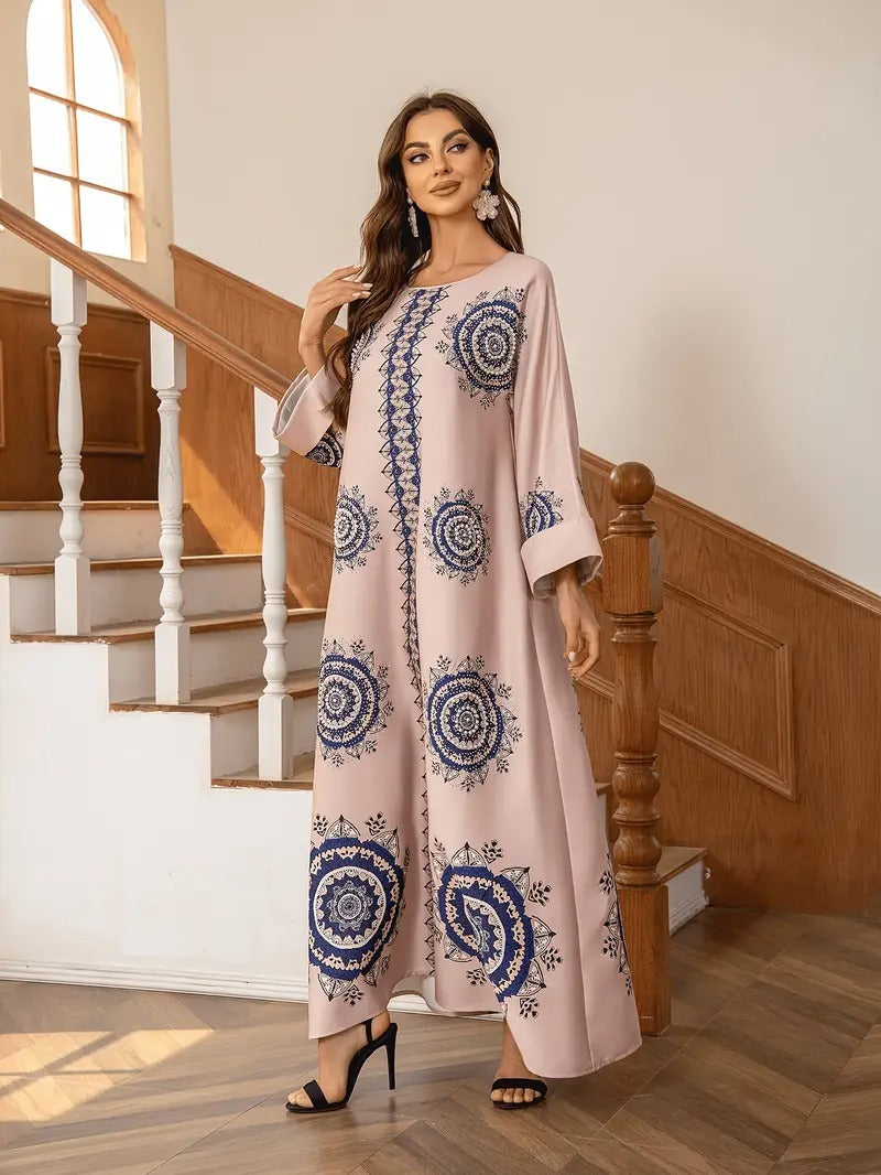 Women’s Round Neck Printed Robe - Abaya dress