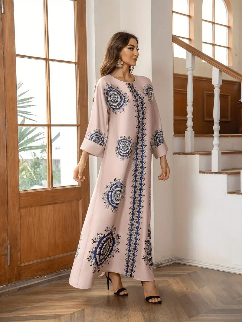Women’s Round Neck Printed Robe - Abaya dress