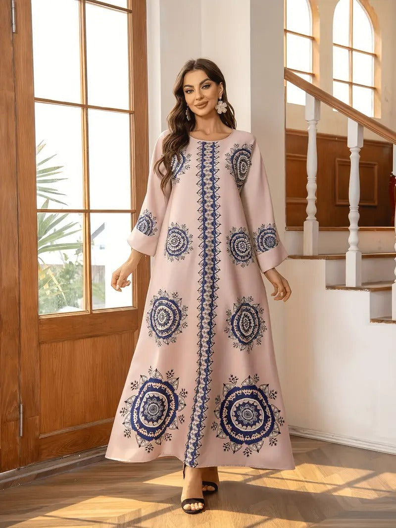 Women’s Round Neck Printed Robe - Abaya dress