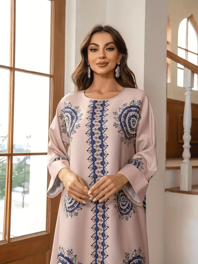 Women’s Round Neck Printed Robe - Abaya dress