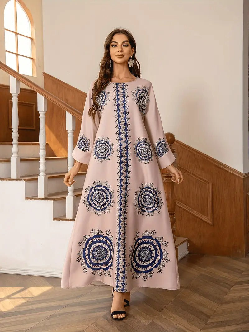 Women’s Round Neck Printed Robe - Abaya dress