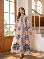 Women’s Round Neck Printed Robe - Lotus root color / L - Abaya dress