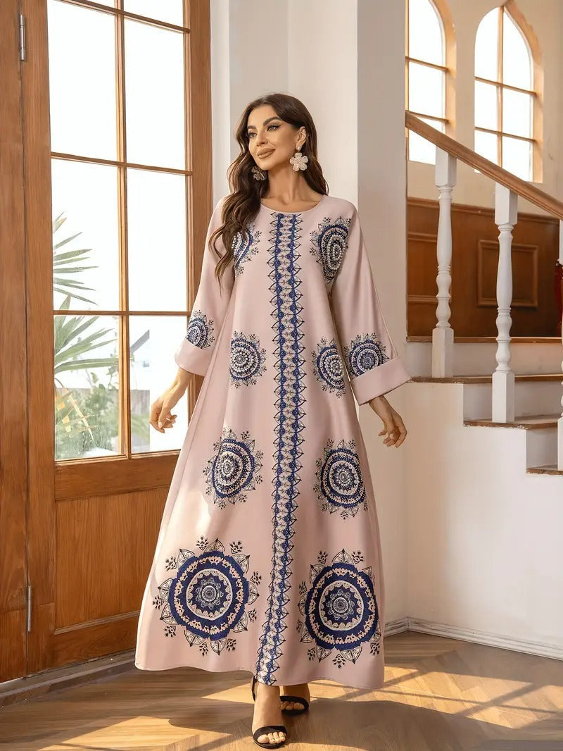 Women’s Round Neck Printed Robe - Lotus root color / L - Abaya dress