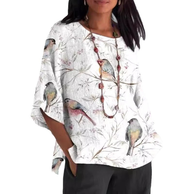 Women’s Round-neck Three-quarter-length-sleeved T-shirt Top Printed Summer Top