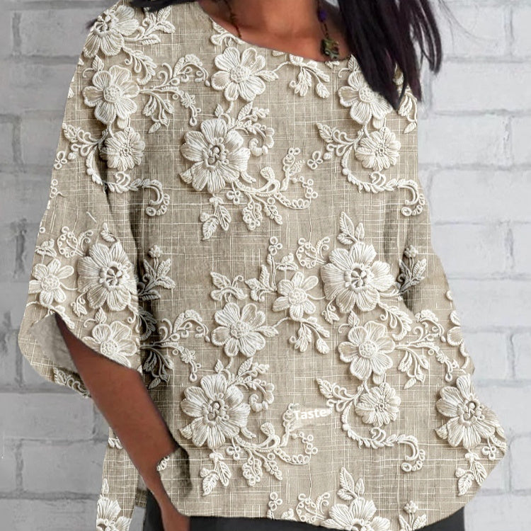 Women's Round-neck Three-quarter-length-sleeved T-shirt Top, Printed Summer Top
