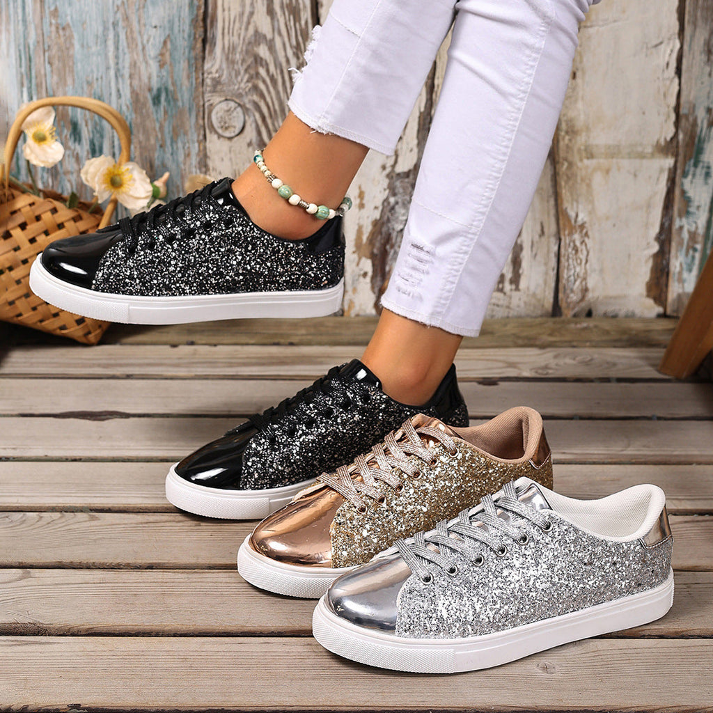Women’s Sequined Front Lace-up Solid Colour Plus Size Board Shoes - Women’s plus size shoes
