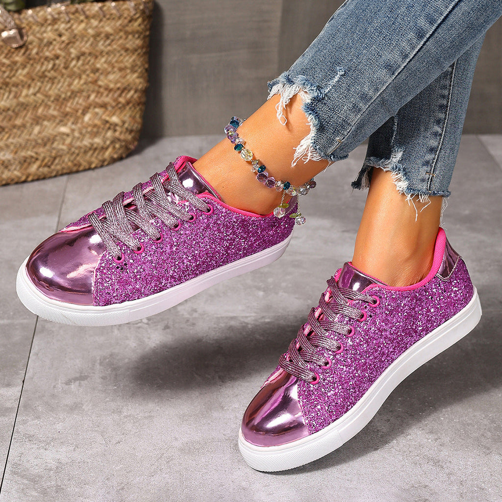 Women’s Sequined Front Lace-up Solid Colour Plus Size Board Shoes - Women’s plus size shoes