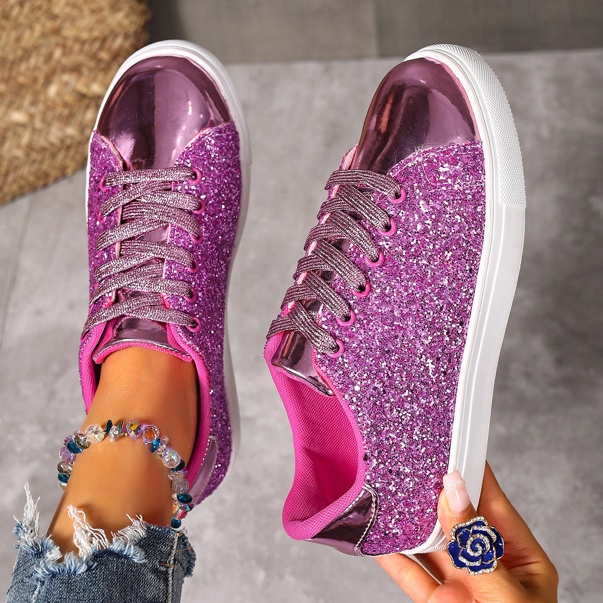 Women’s Sequined Front Lace-up Solid Colour Plus Size Board Shoes - Purple / 36 - Women’s plus size shoes