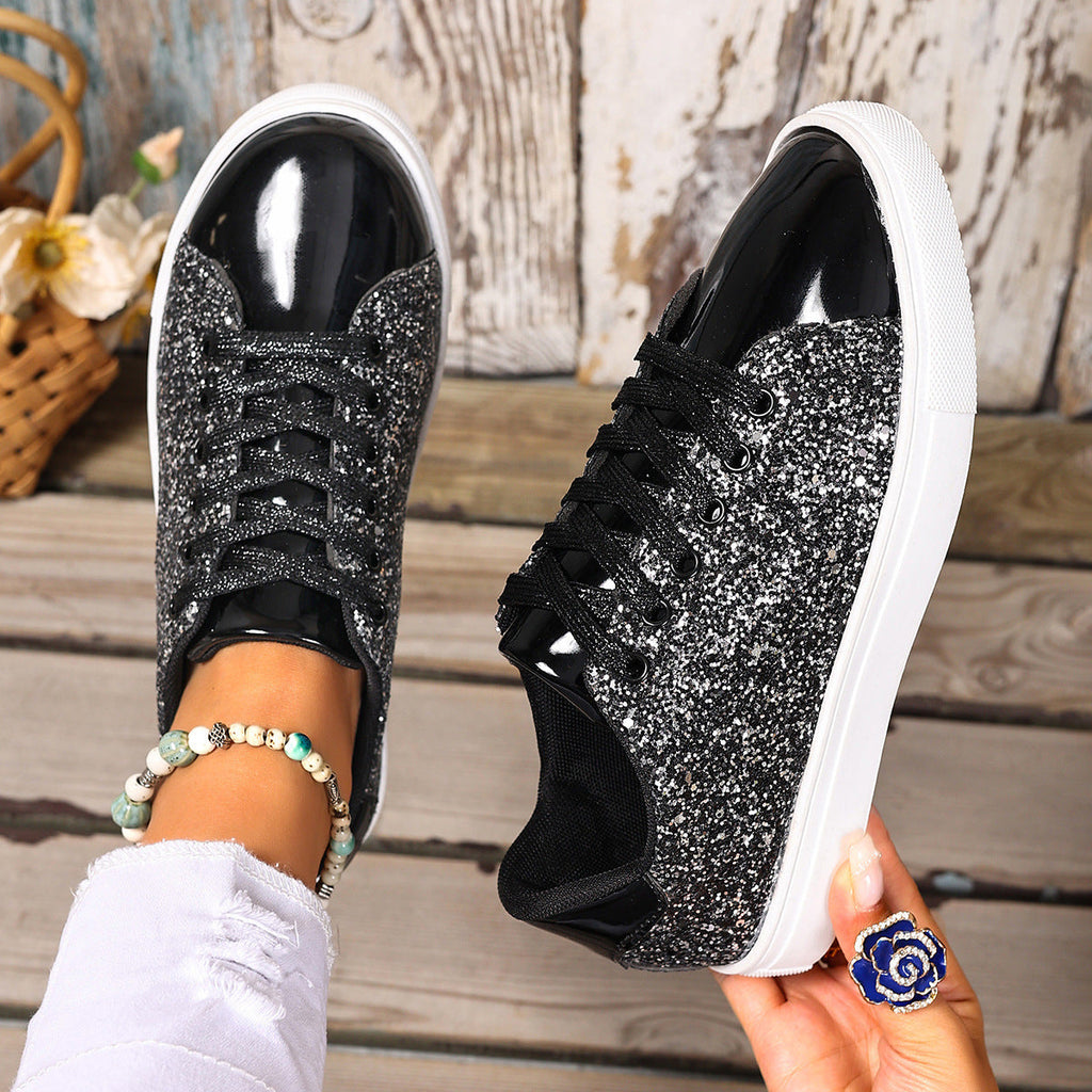 Women’s Sequined Front Lace-up Solid Colour Plus Size Board Shoes - Black / 36 - Women’s plus size shoes
