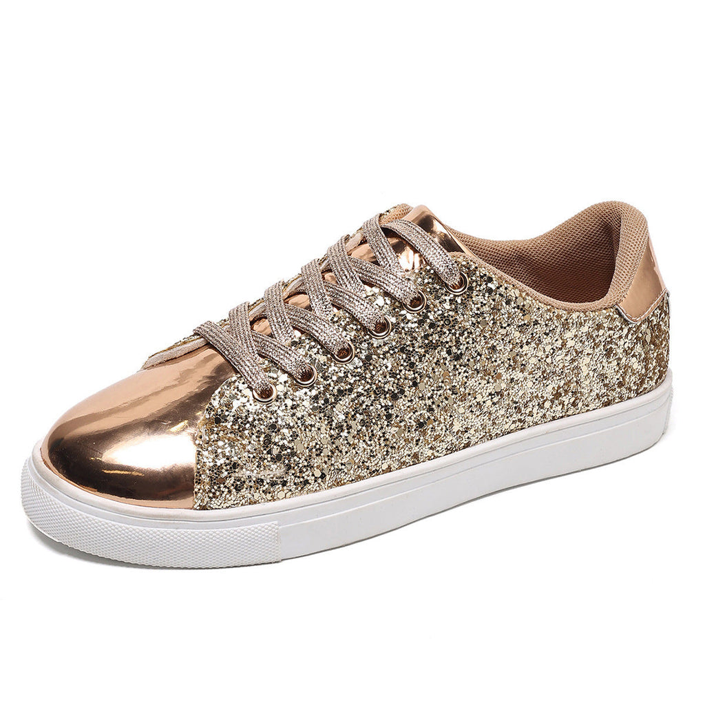 Women’s Sequined Front Lace-up Solid Colour Plus Size Board Shoes - Women’s plus size shoes
