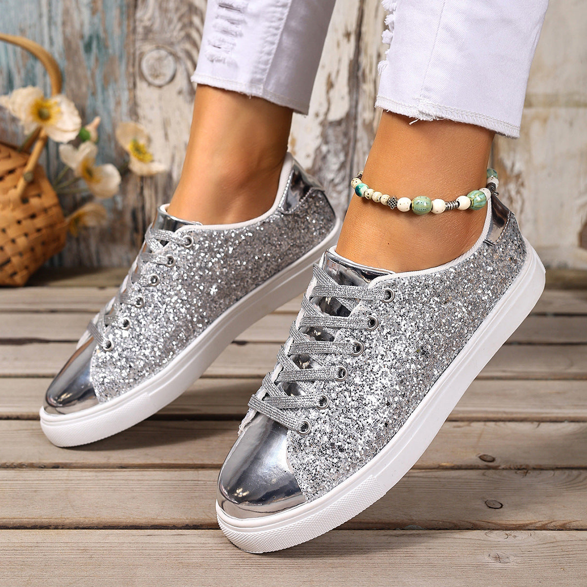 Women’s Sequined Front Lace-up Solid Colour Plus Size Board Shoes - Women’s plus size shoes