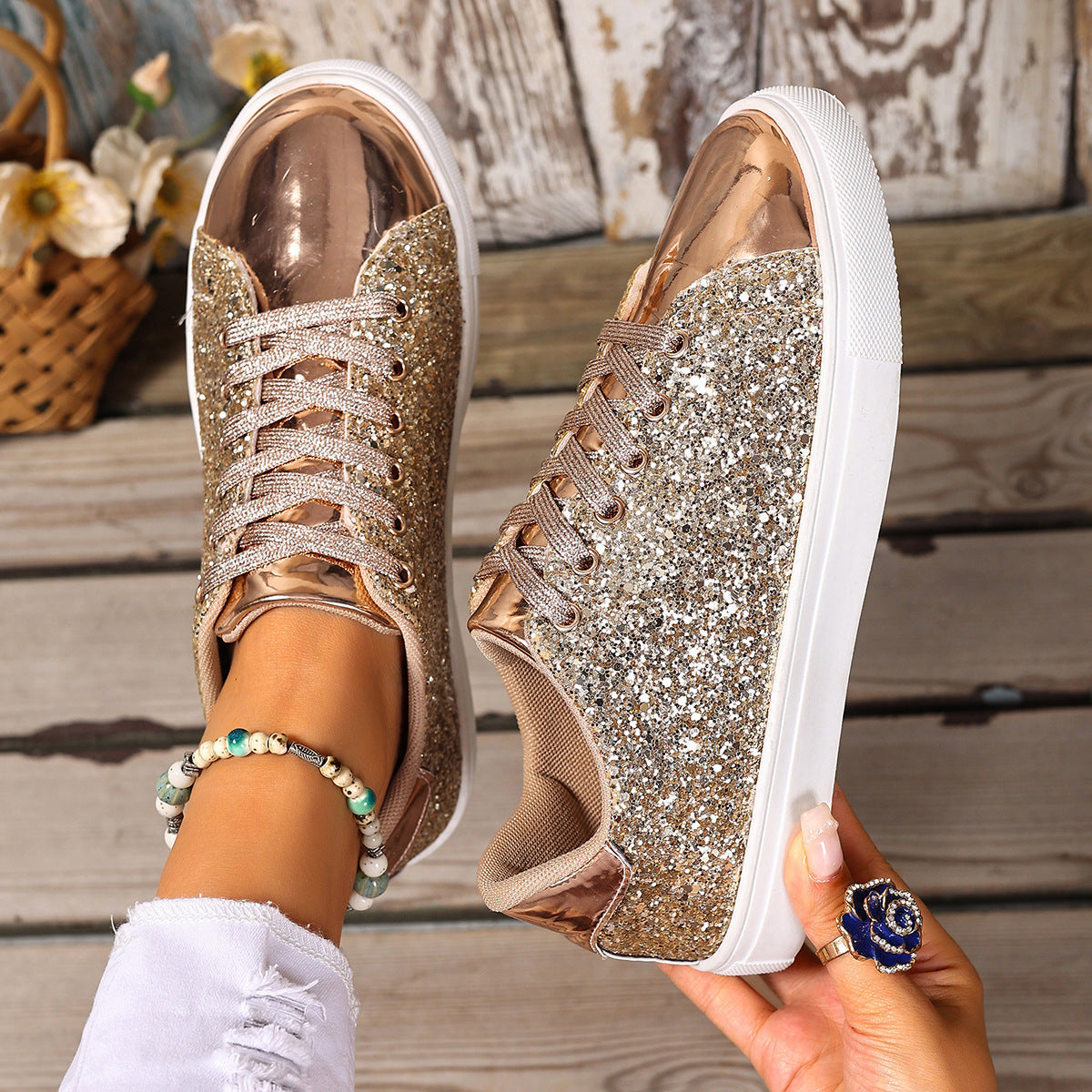 Women’s Sequined Front Lace-up Solid Colour Plus Size Board Shoes - Gold / 36 - Women’s plus size shoes