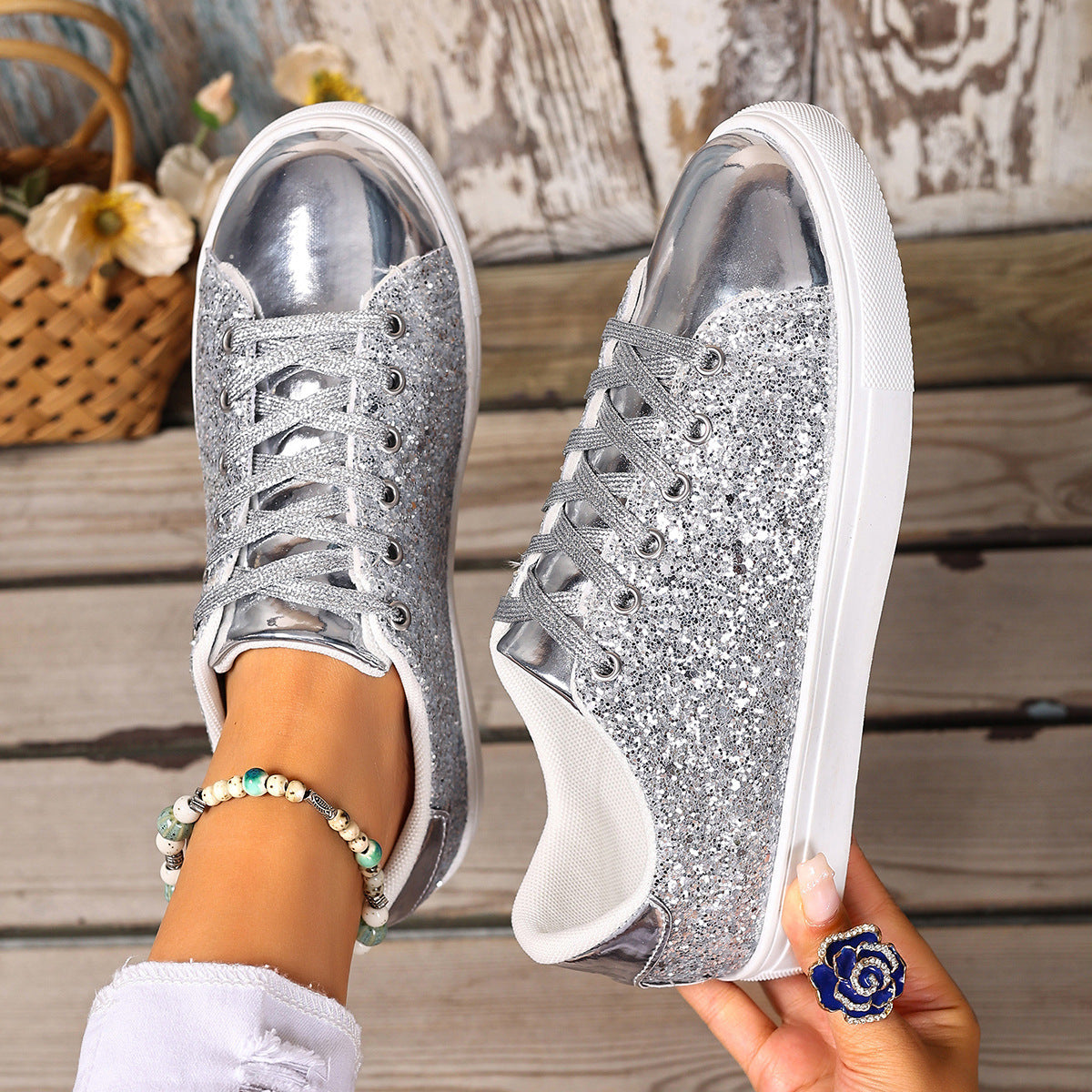 Women’s Sequined Front Lace-up Solid Colour Plus Size Board Shoes - Silver / 36 - Women’s plus size shoes