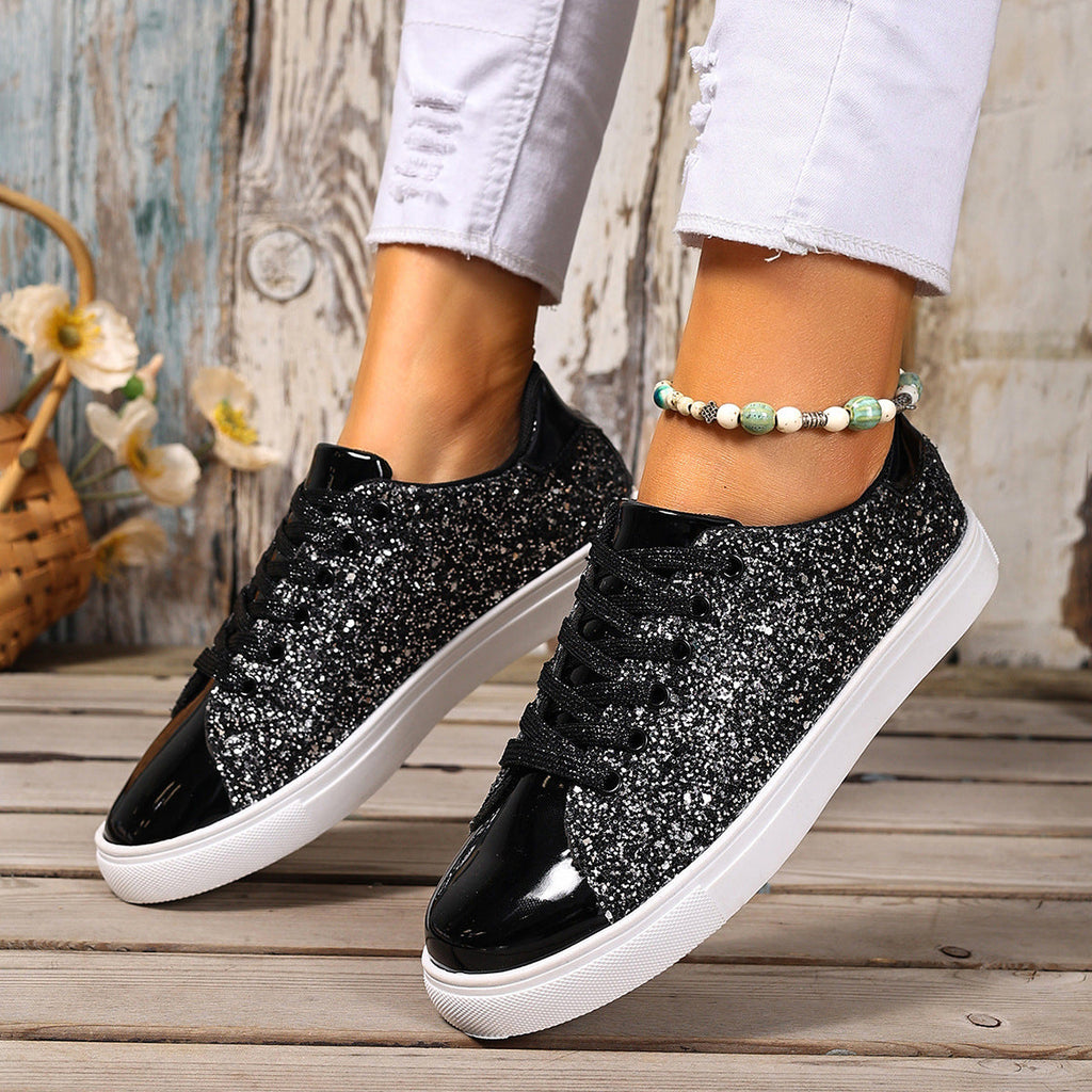 Women’s Sequined Front Lace-up Solid Colour Plus Size Board Shoes - Women’s plus size shoes
