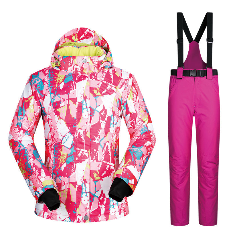 Women’s Ski Suit Thickened Breathable Outdoor Suit - Rose Red Puzzle Rose Red / L
