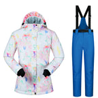 Women’s Ski Suit Thickened Breathable Outdoor Suit - White watercolor blue / L