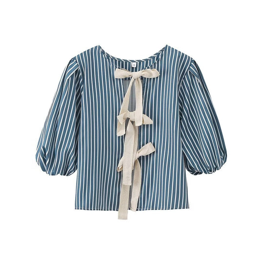 Women’s Striped Bow Lace-up Top - Blouse