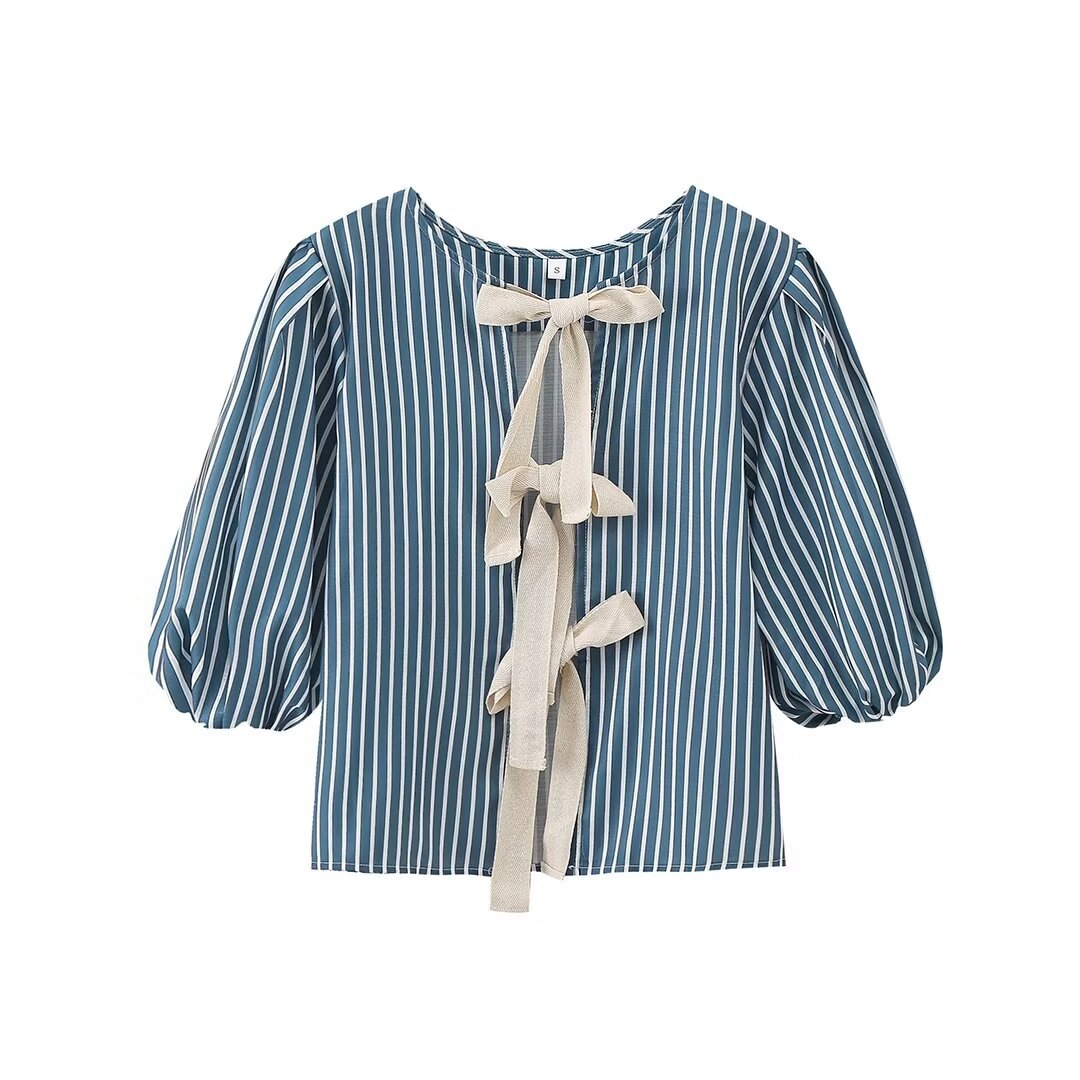 Women’s Striped Bow Lace-up Top - Picture Color / L - Blouse