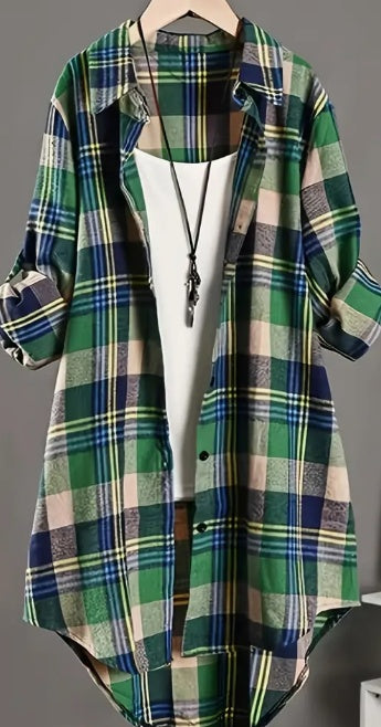 Women’s Stylish Plaid Printed Shirt - Green / 2XL - Tunic