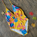 Women’s Swimwear One-Piece Swimsuit - Big blue flower on yellow back / 2XL - swimsuit