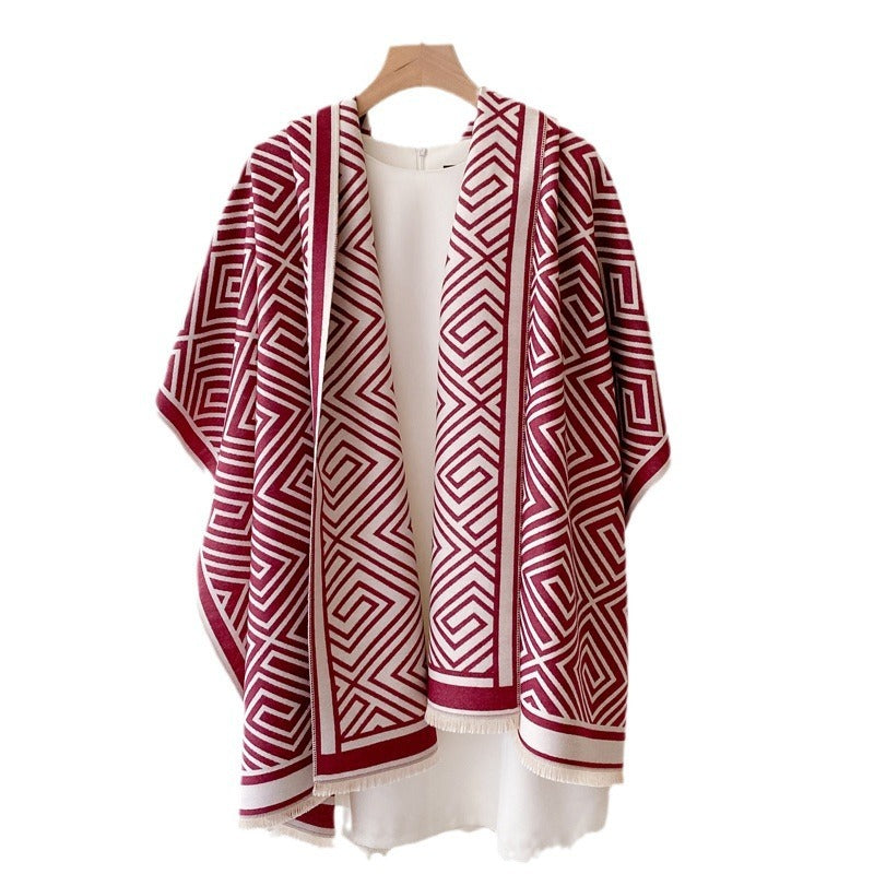 Women’s Thickened Warm Office Cloak Dual-use Wool Blanket Plaid Cloak