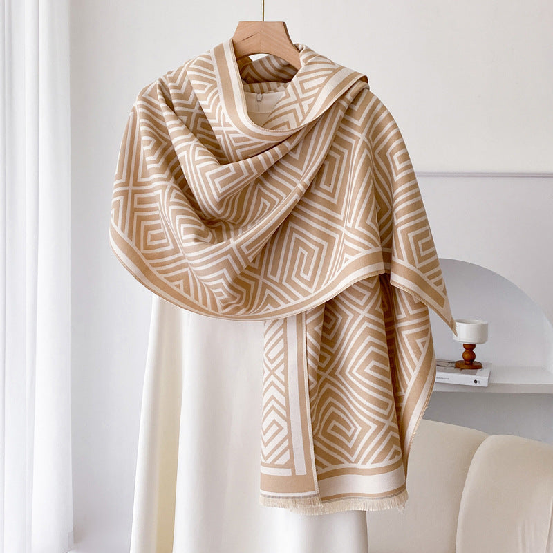 Women’s Thickened Warm Office Cloak Dual-use Wool Blanket Plaid Cloak - Beige
