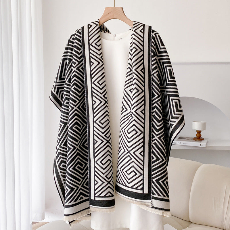 Women’s Thickened Warm Office Cloak Dual-use Wool Blanket Plaid Cloak - Black