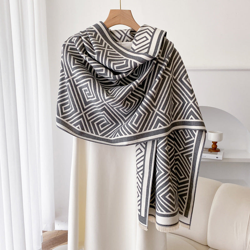 Women’s Thickened Warm Office Cloak Dual-use Wool Blanket Plaid Cloak - Gray