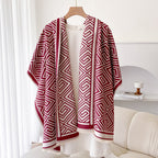 Women’s Thickened Warm Office Cloak Dual-use Wool Blanket Plaid Cloak - Red