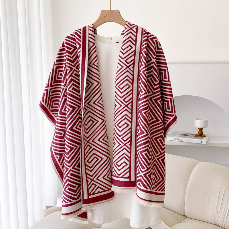 Women’s Thickened Warm Office Cloak Dual-use Wool Blanket Plaid Cloak - Red