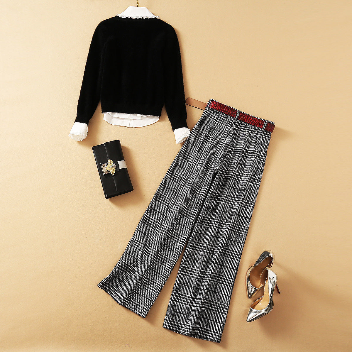 Women’s Three-Pieces Suit Wooden Ear Shirt With Mohair Sweater And Plaid Wide-leg Pants - Women’s Suit