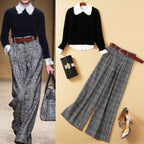 Women’s Three-Pieces Suit Wooden Ear Shirt With Mohair Sweater And Plaid Wide-leg Pants - Women’s Suit