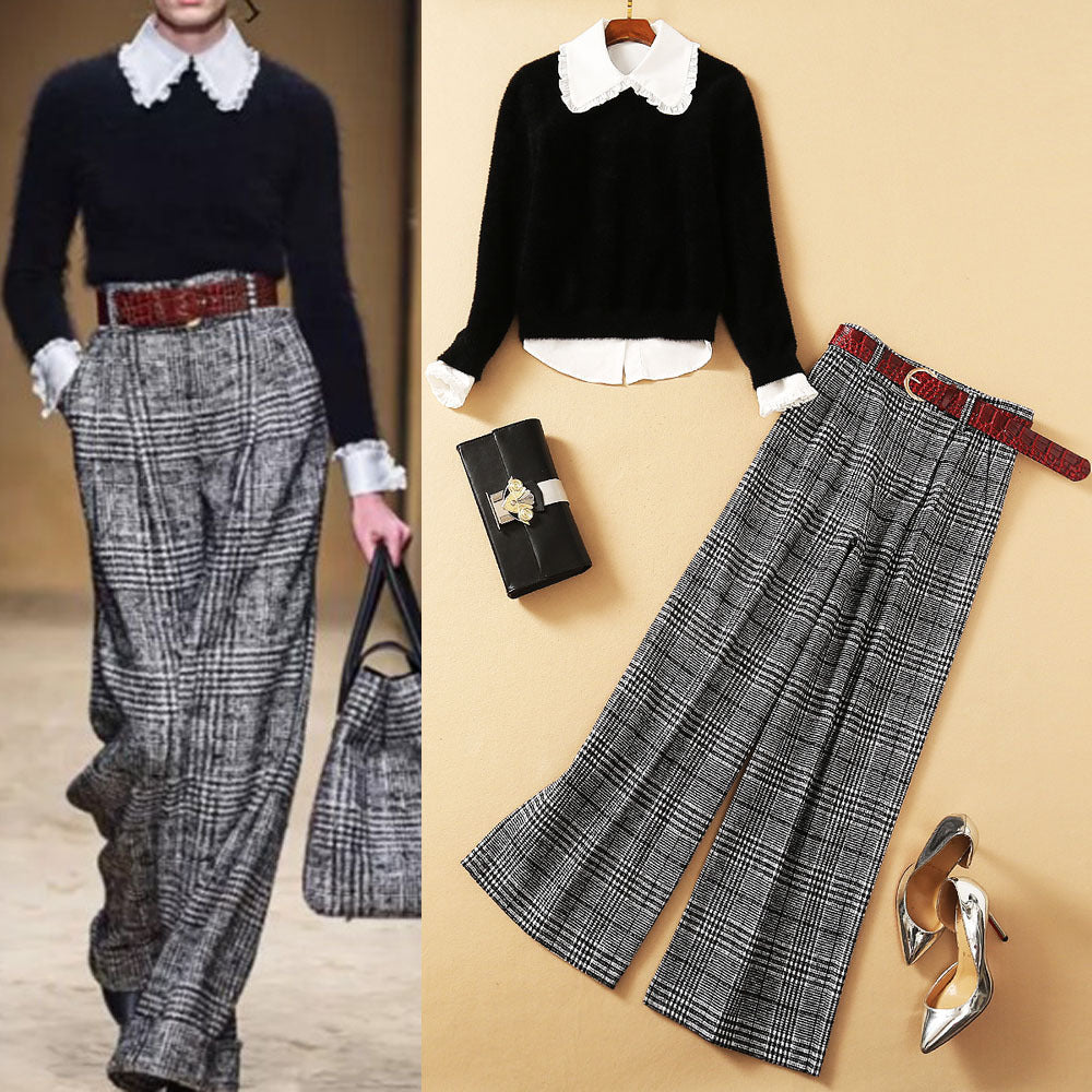Women’s Three-Pieces Suit Wooden Ear Shirt With Mohair Sweater And Plaid Wide-leg Pants - Women’s Suit